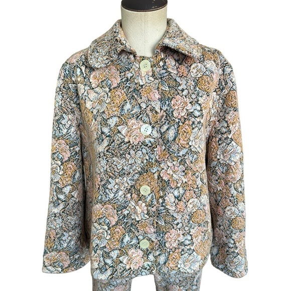 NWT LESET Jane Set Floral-jacquard Jacket & Crop Bootcut Pants Floral Mango Pink - Picture 8 of 17